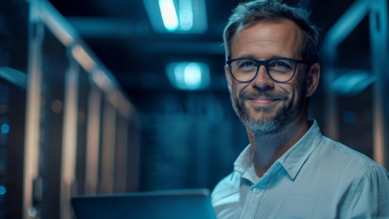 Confident IT professional standing in a dimly-lit server room, holding a laptop. The atmosphere reflects technology and network management. The professional wears glasses and a white shirt, highlighting a modern tech work environment.